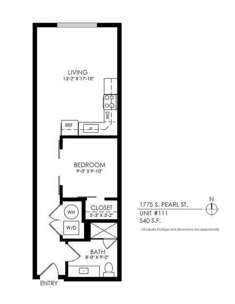 Floor plan for 1 bed, 1 bath, 540 sqft